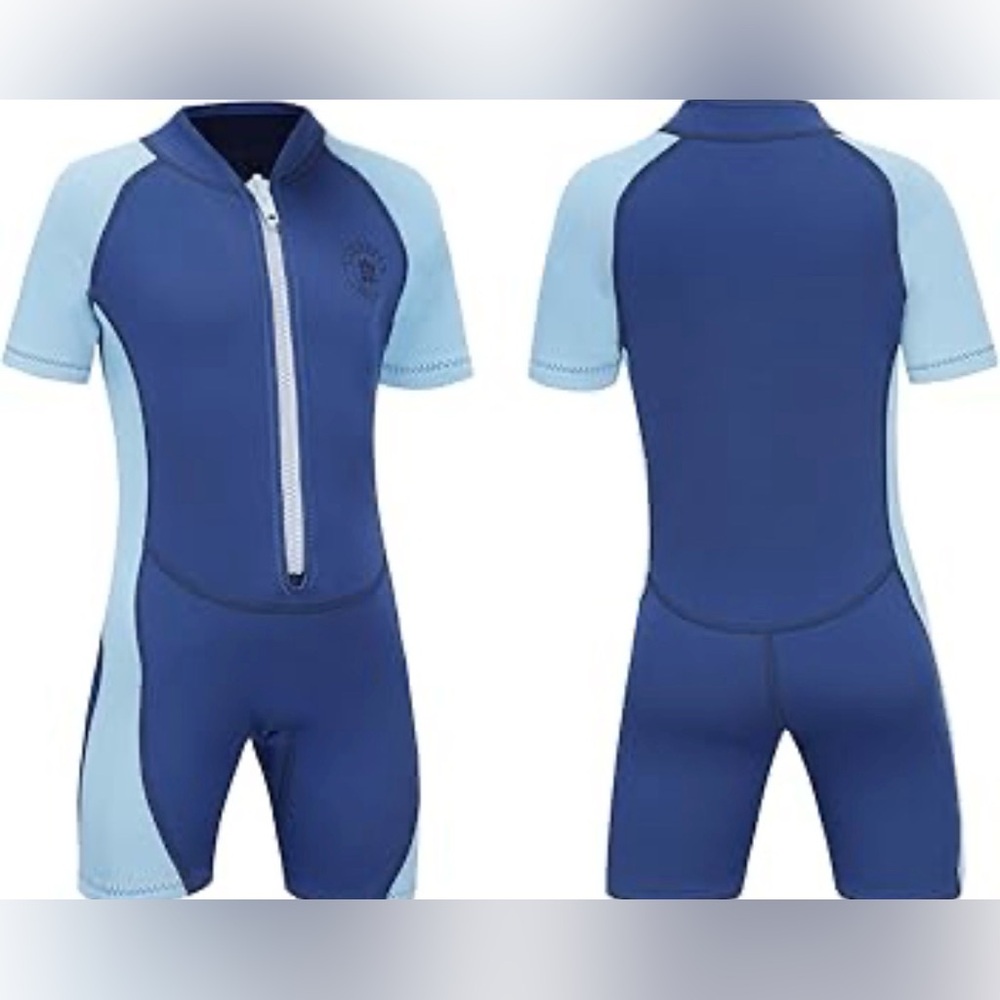 Children's Short Sleeve Blue Wetsuit One-Piece with Front Zip size 14